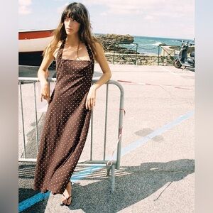 Zara linen blend polka dot midi dress small 8207/748